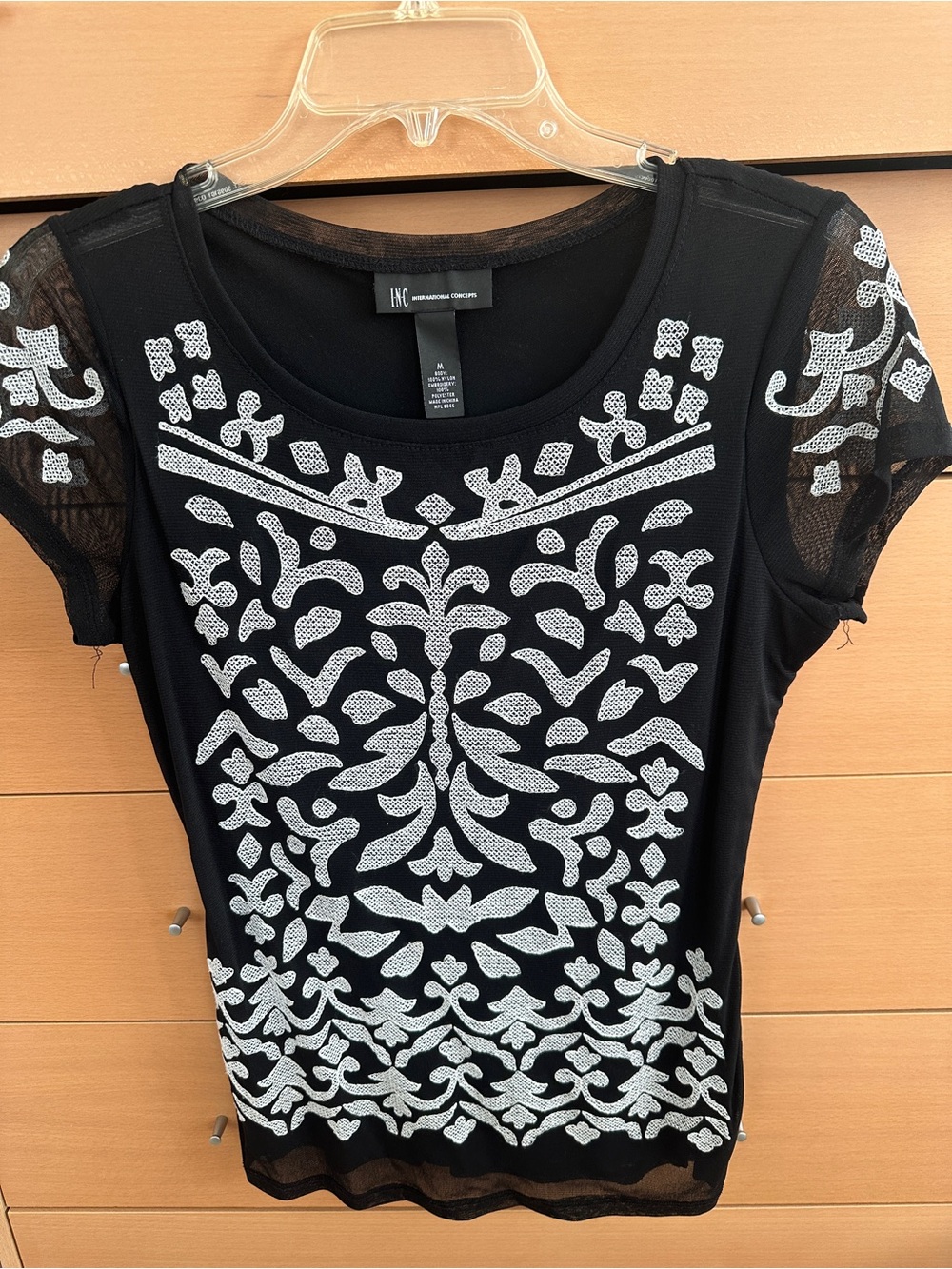 INC International Concepts Black Top with White Embroidered Motif